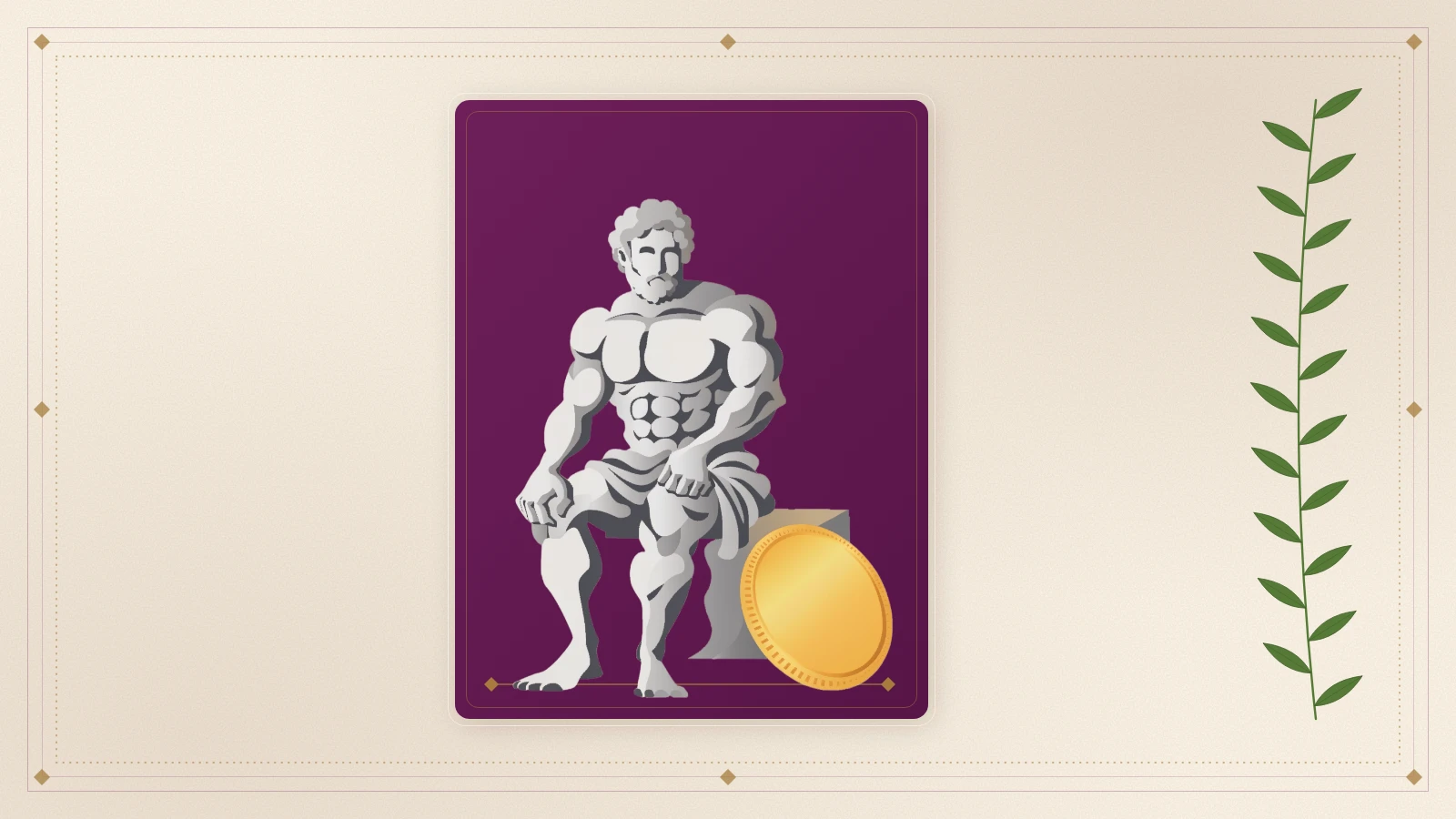 A marble statue seated beside a gold coin, on a Tyrian purple card with a laurel sprig